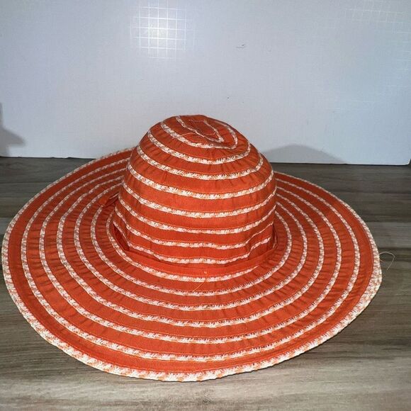 J Hats Wide Brim Straw Ribbon Sun Hat Orange Apricot & White Floppy Wire Brim - Picture 3 of 7